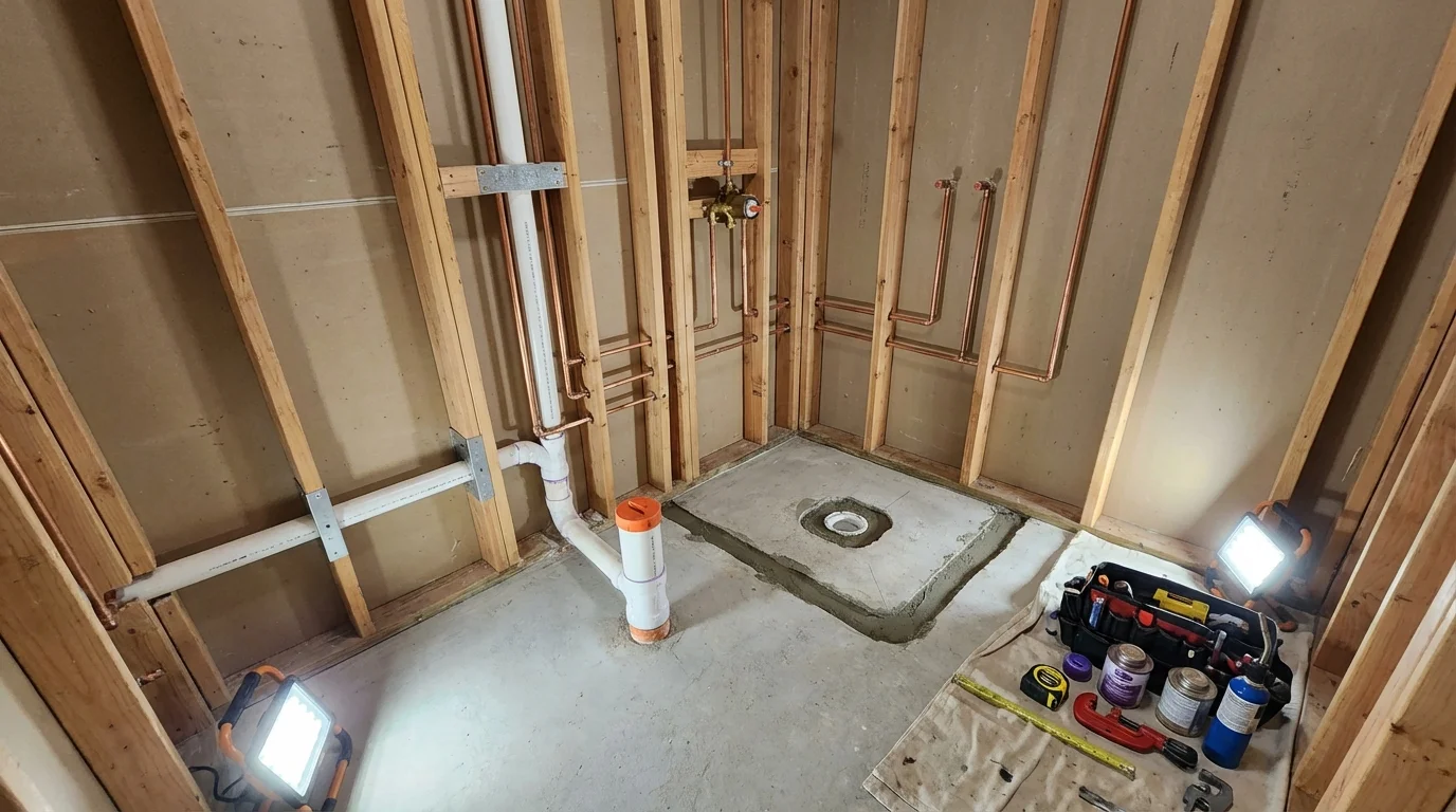 Bathroom rough-in plumbing during remodel by Johns Plumbing LLC in Tunica