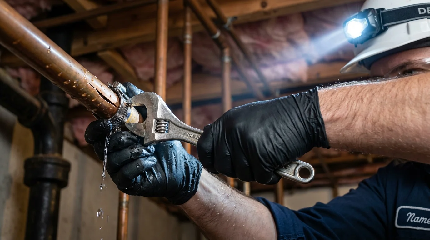 Emergency pipe clamp repair being performed by a Johns Plumbing LLC plumber in Tunica