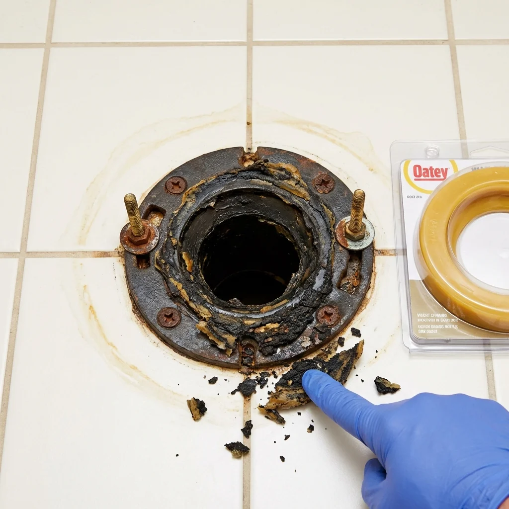 Failed wax ring showing water seepage at the base of a toilet in a Tunica, MS home