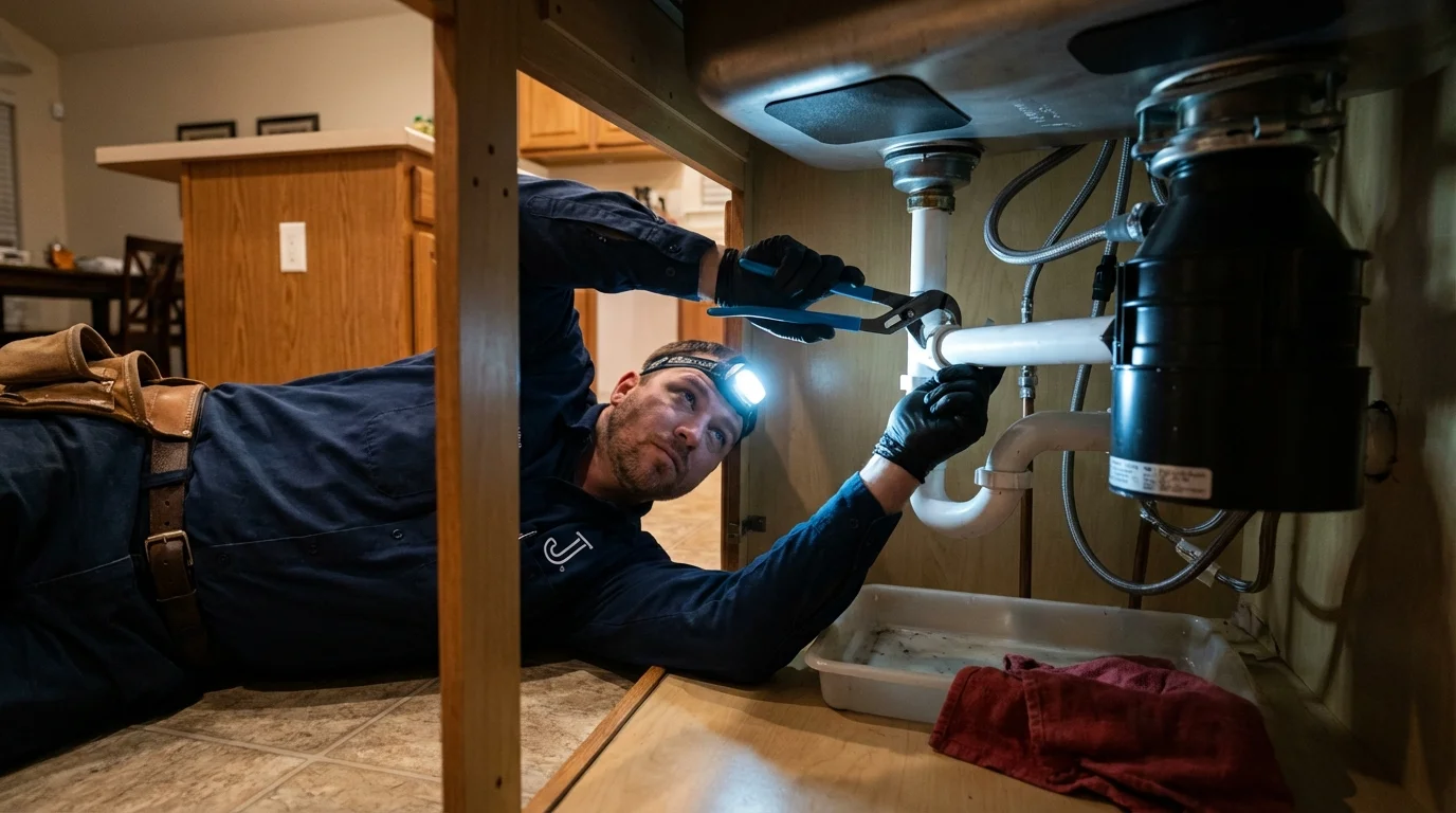 P-trap and supply line connections under a kitchen sink showing a common leak point in Tunica, MS